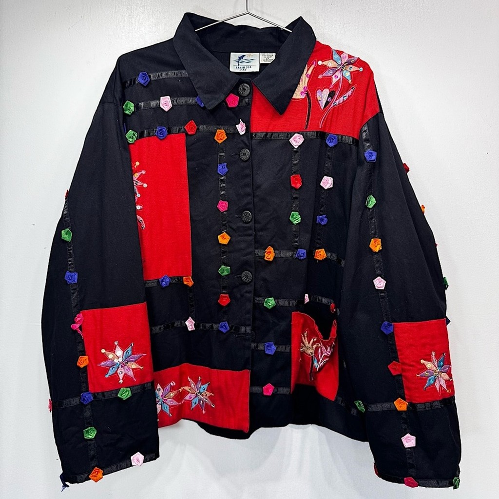 Vintage Patchwork Statement Jacket Colorful Ribbon Rosettes Sequins Embroidery