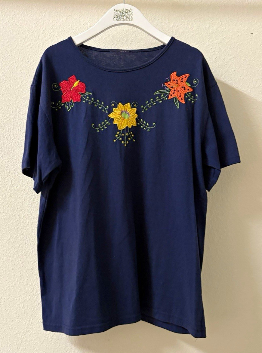Vintage 90s Cottagecore Grannycore Navy Floral Shirt Patch Flowers Women’s XL