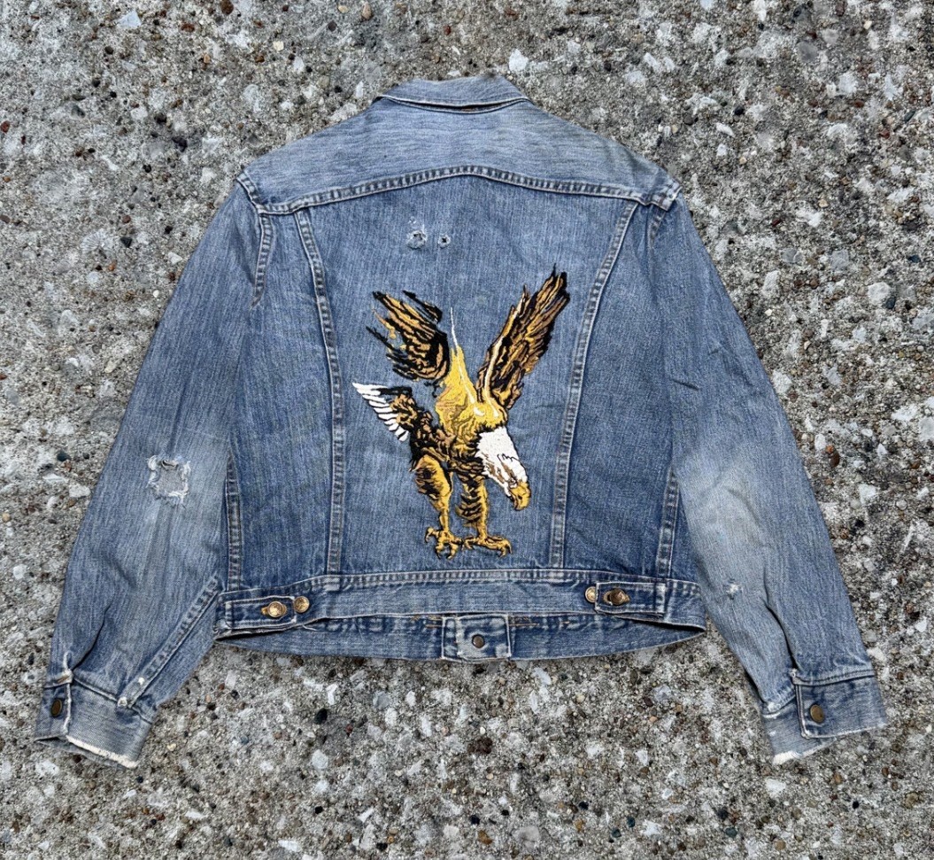Vintage Eagle 60s 70s Skull Weed Leaf Worn In Distressed Vtg Denim Jacket Type 2