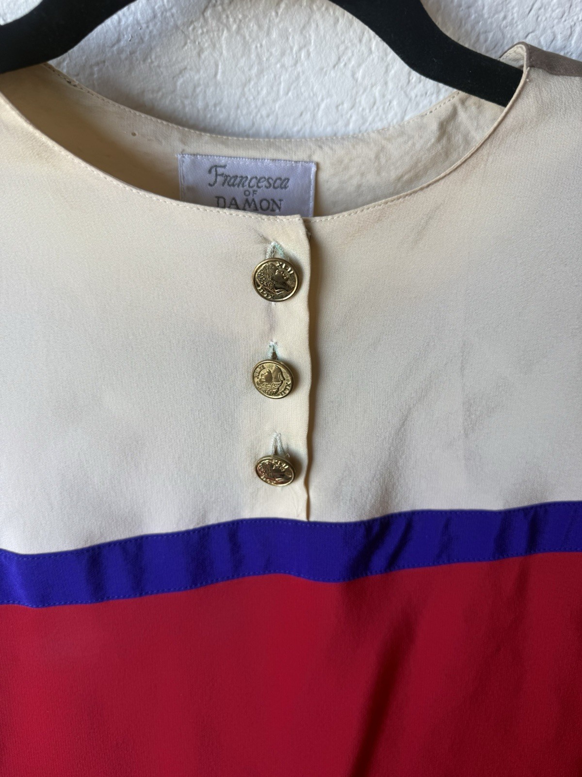 Vintage Francesca Of Damon Starington 100% Silk 1980s Color Block Dress Size 12