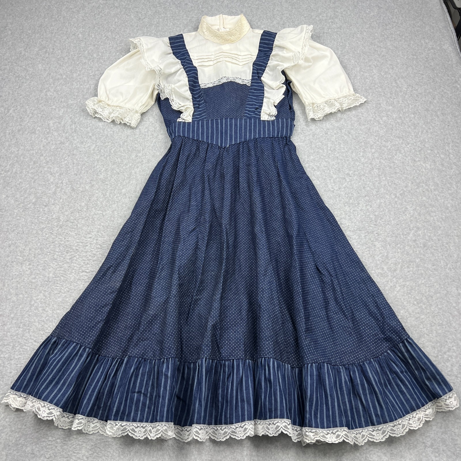 VTG Gunne Sax Prairie Midi Dress Womens 9 Blue Lace Trim Cottagecore Jessica 70s