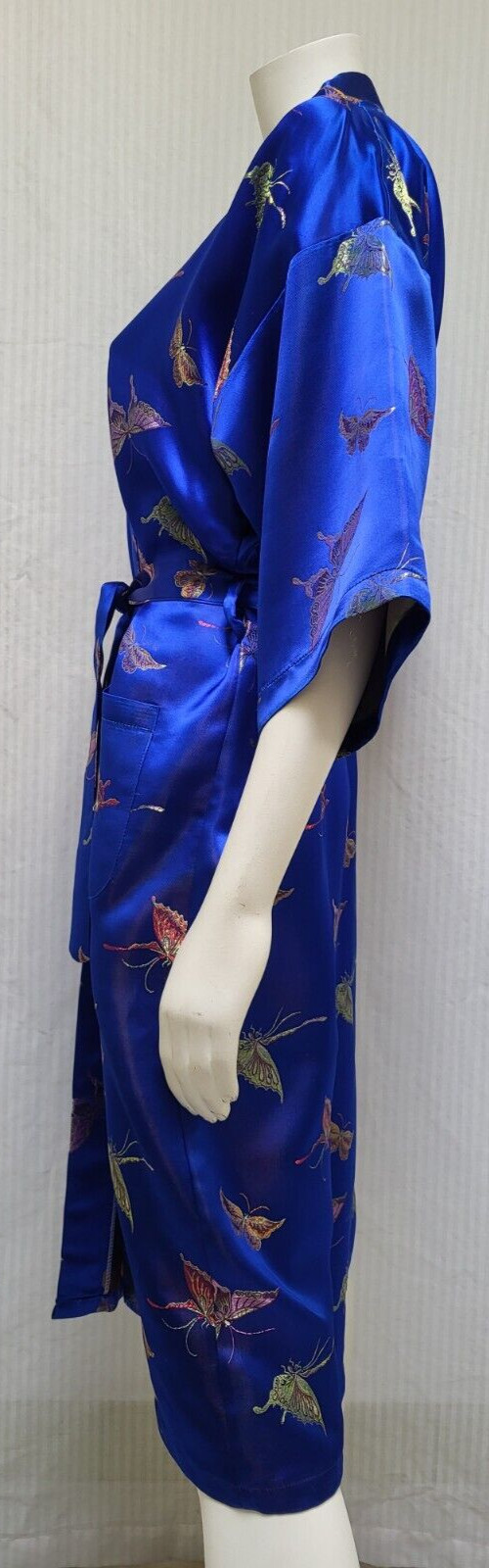 Vintage MEI GUI Blue Satin Butterfly Jacquard Japanese Silk Kimono Robe w/ Belt
