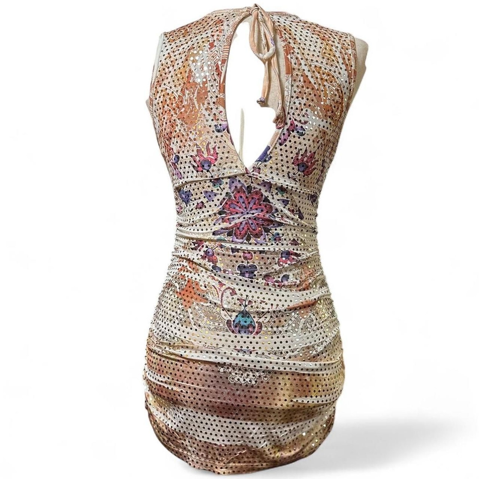 Body Central Y2K MultiPrint Ruched Metallic Sequin Mini Dress