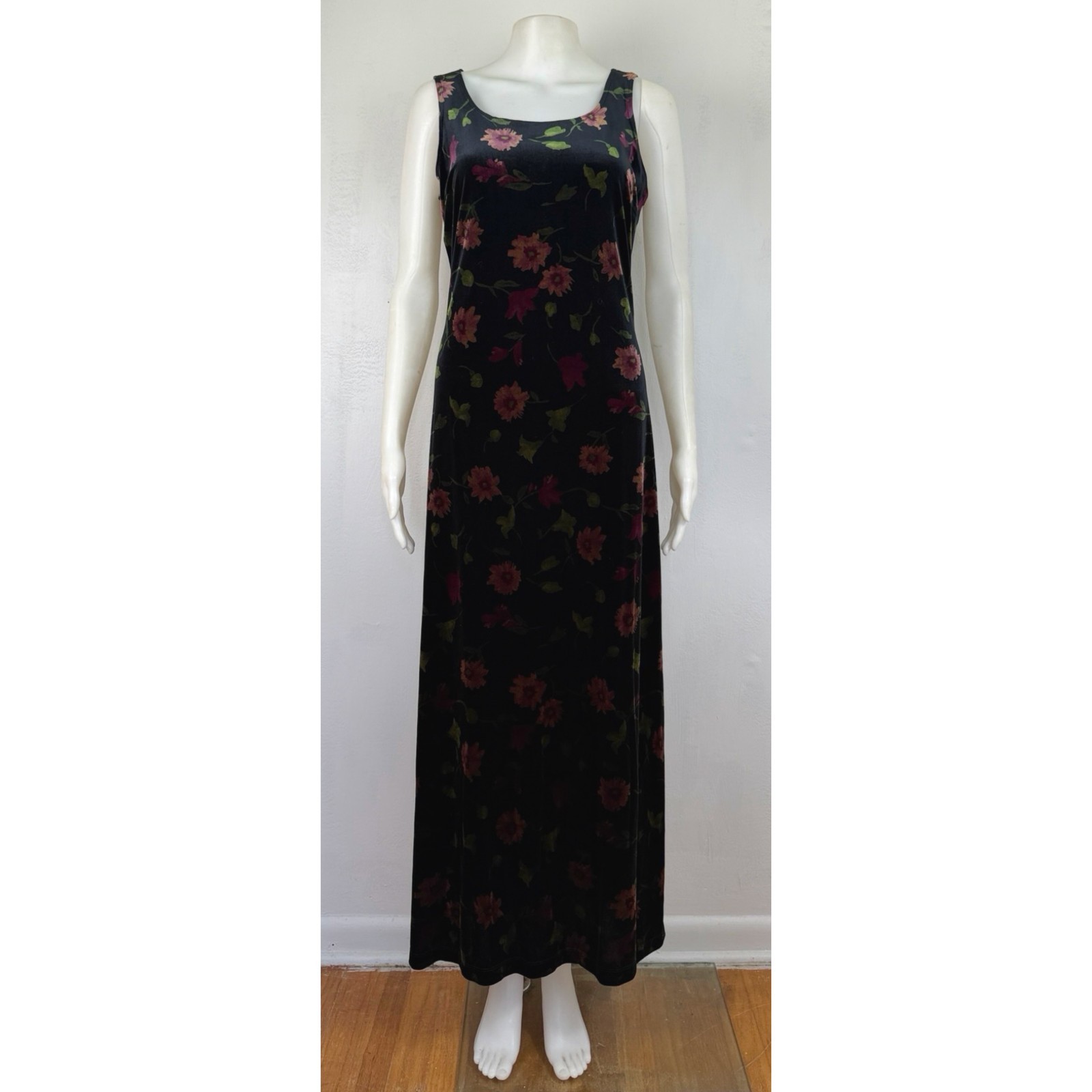 Vintage Crushed Velvet Dress & Jacket Set Size Small 90s Black Floral Maxi