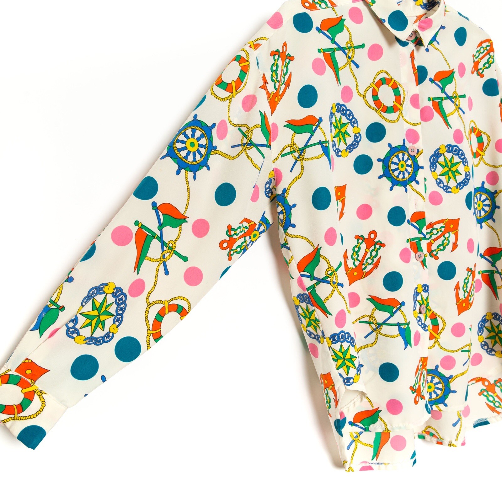 Vintage Nautical Anchor Print Blouse Multicolor Polka Dots, Approx. S M