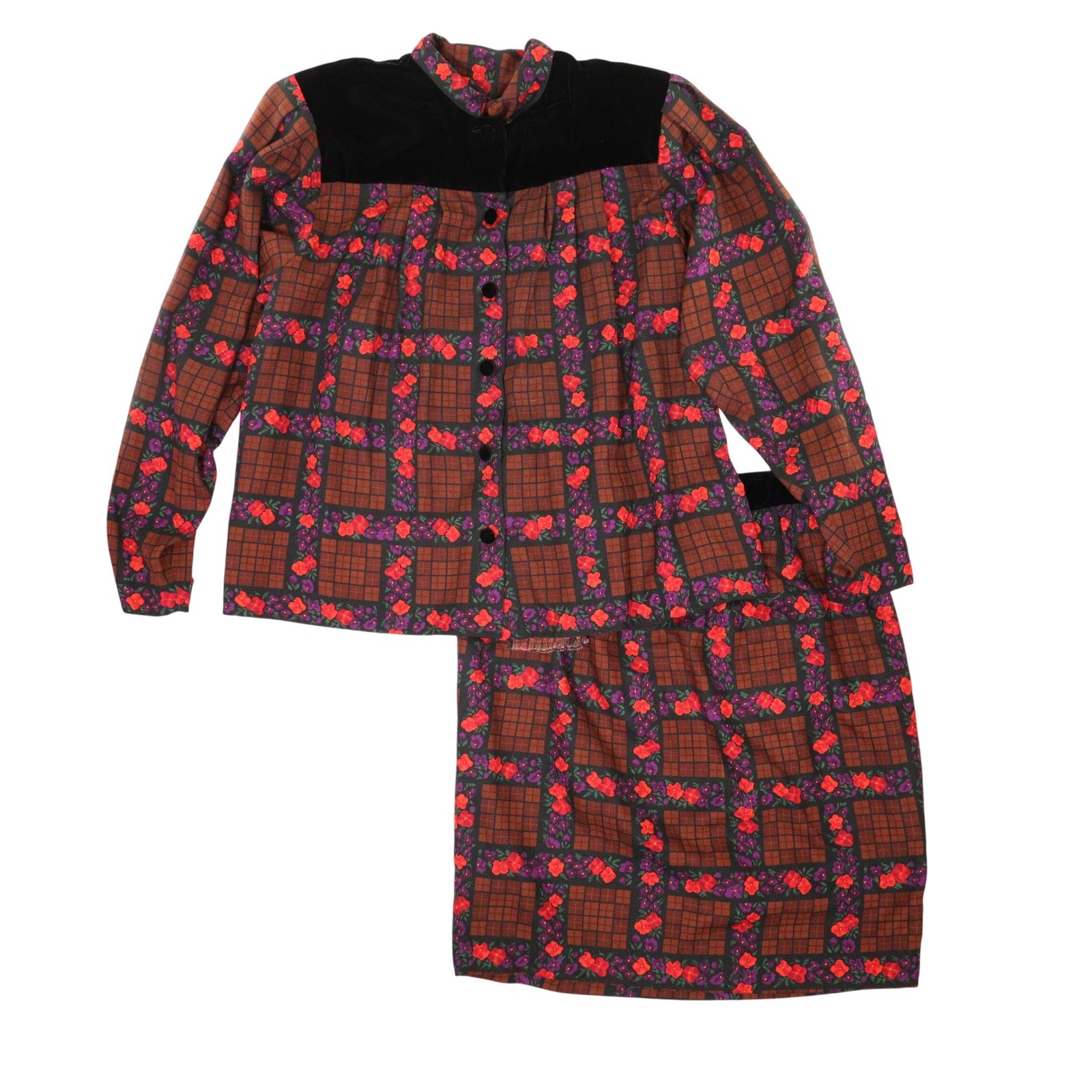 Vtg Oscar de la Renta Miss O Skirt Suit Floral Brown Plaid Velvet Trim Women 8