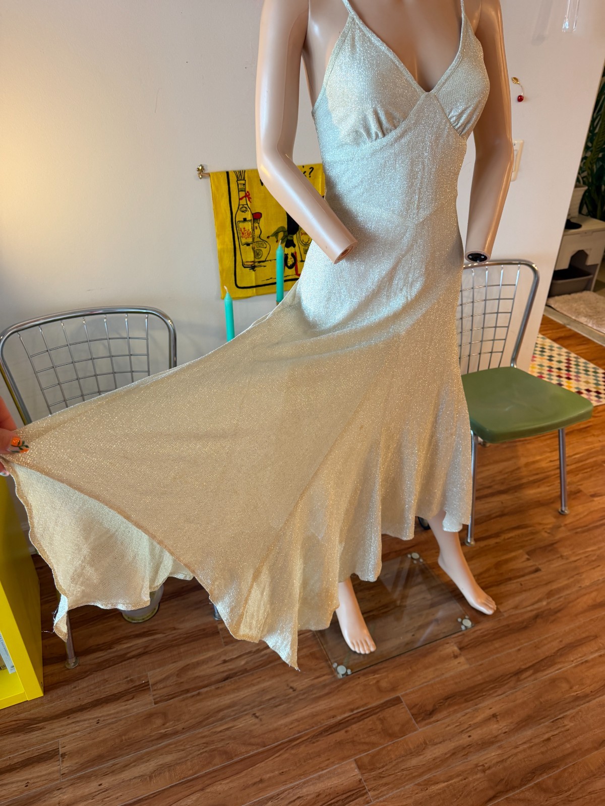 🪩 Vtg 70s Jody Silver Lurex Disco Dress Metallic Knit Asymmetrical Hem S M