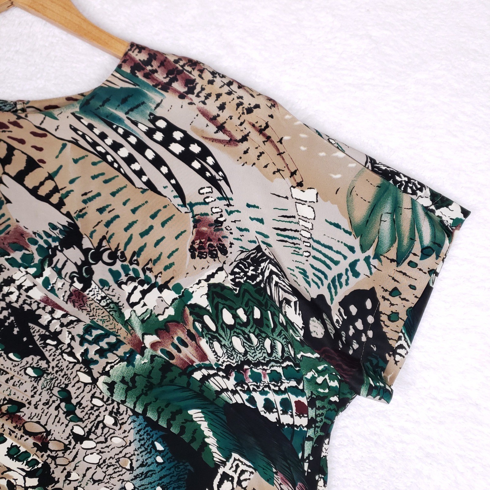 Vintage Caviar 80s Abstract Feather Print Boxy Blouse Green Tan Size L USA Made