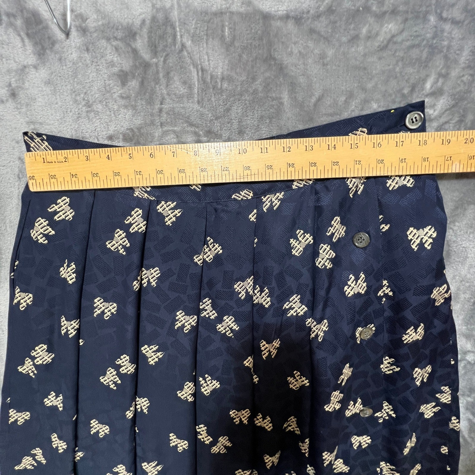 90s Jacquard Bow Print Silk Skirt Blouse Set 12 Navy Office Siren Dark Academia