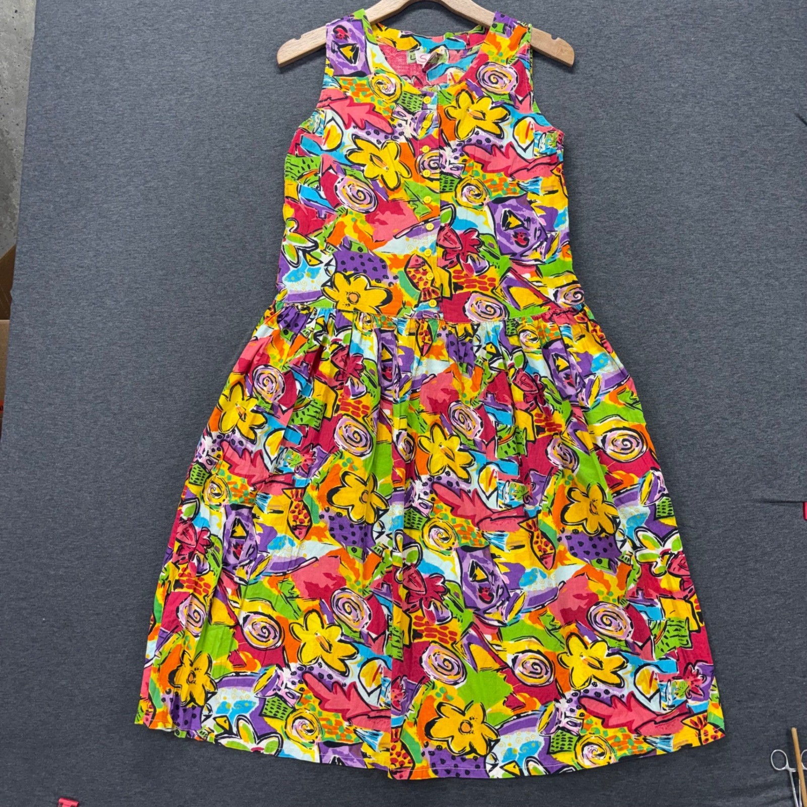 Sita Vintage Abstract Floral Cotton Midi Dress Multi Color Drop Waist Womens M