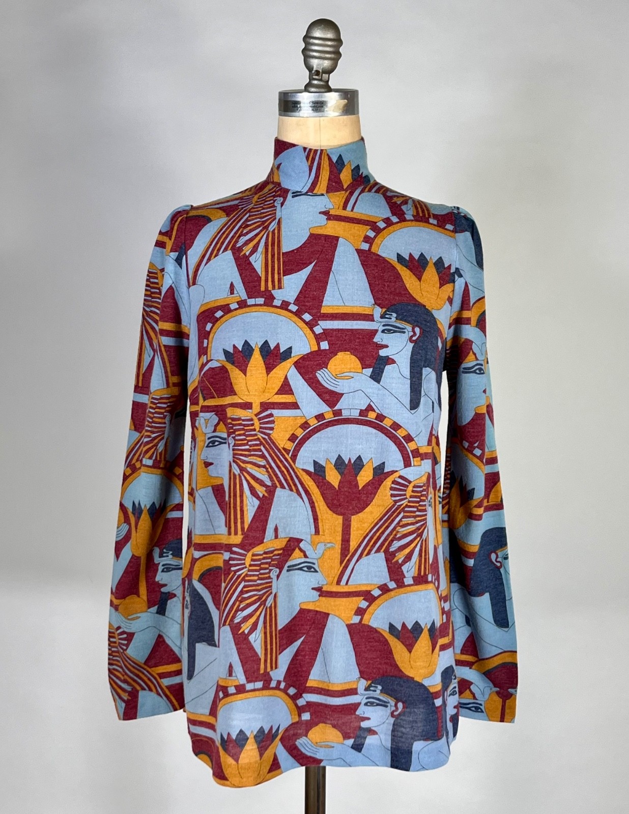Vintage 1960’s-70’s blue EGYPTIAN print medium-weight knit top by Add 1 Ltd. S/M