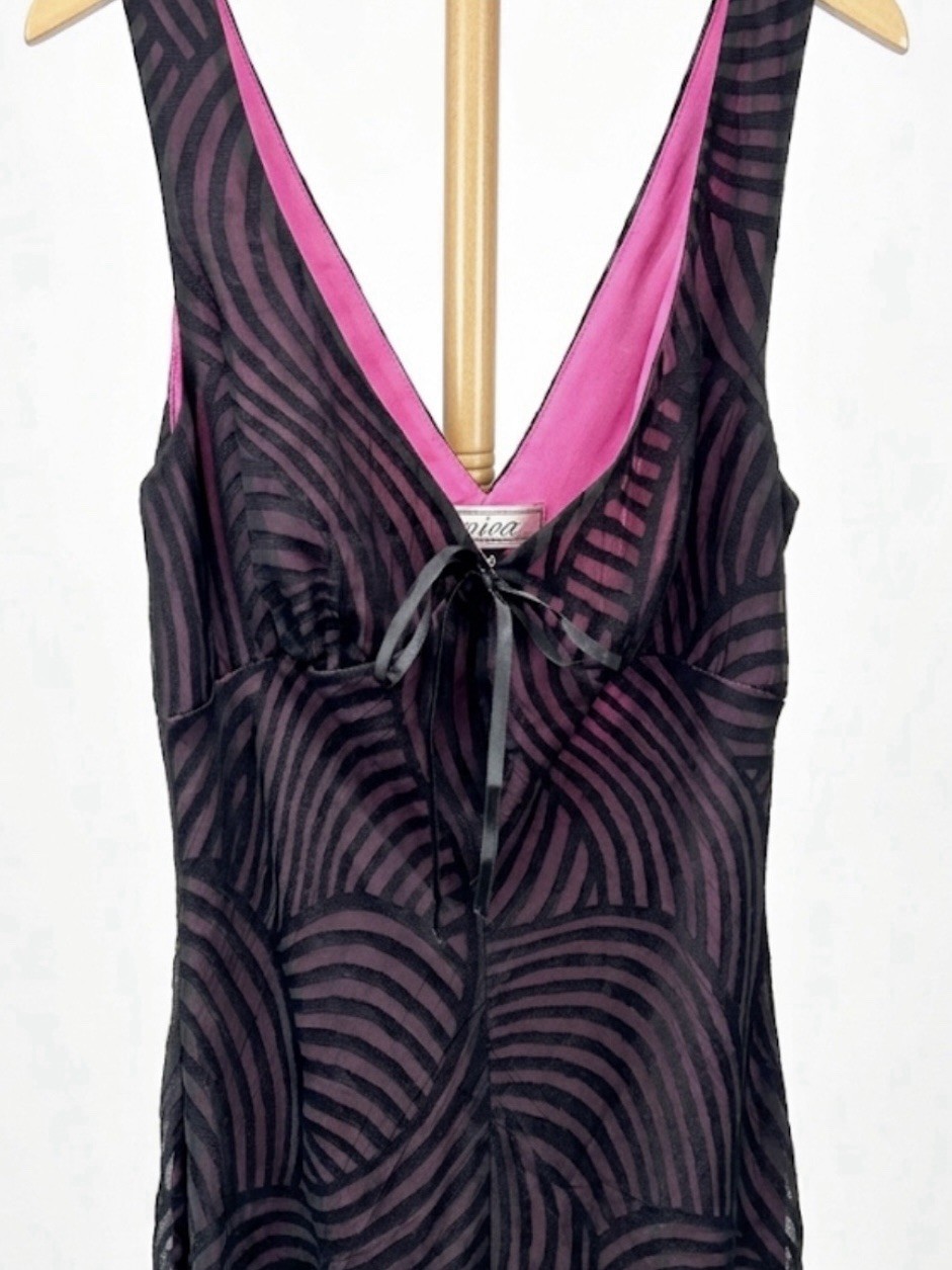 VTG 90s Mica Handkerchief Hem Slip Dress 6 Pink Black Swirl Mesh Midi Whimsigoth