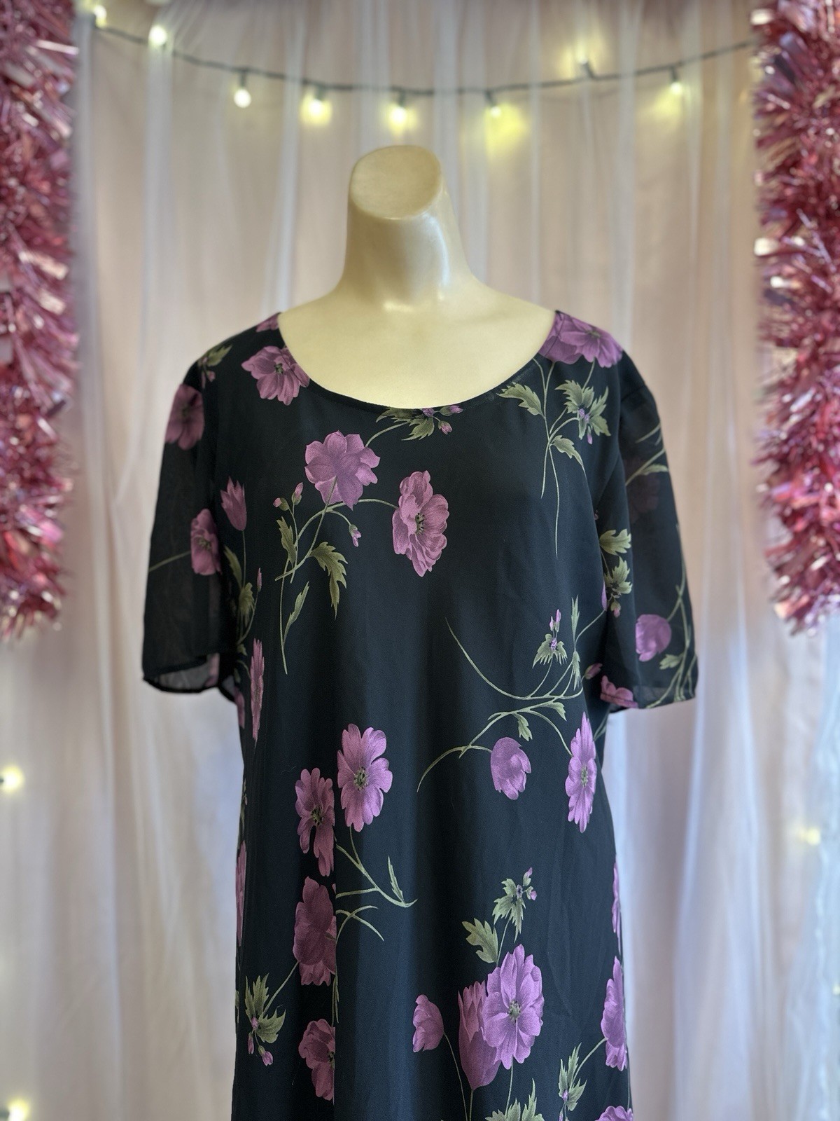 Vintage 90s Floral Print Maxi Dress Black Purple Flowy Boho Plus Size 3X