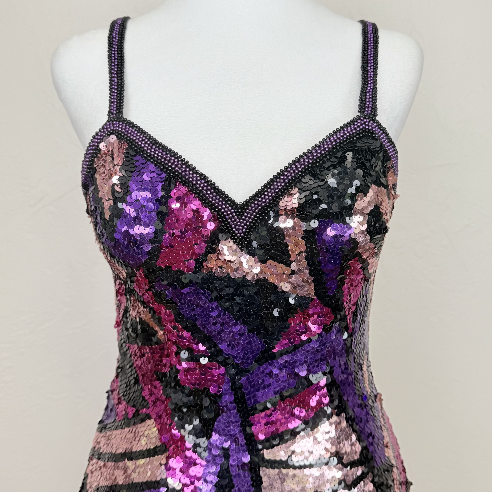 Vintage 1980s Silk Multicolor Fully Sequined & Beaded Dress by Susan Rose Size 8