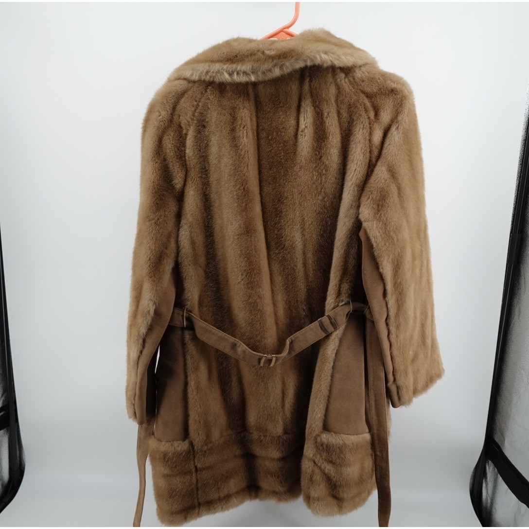 Vintage Furrage Tissavel France Faux Fur Coat Brown Belted Mid Length Jacket