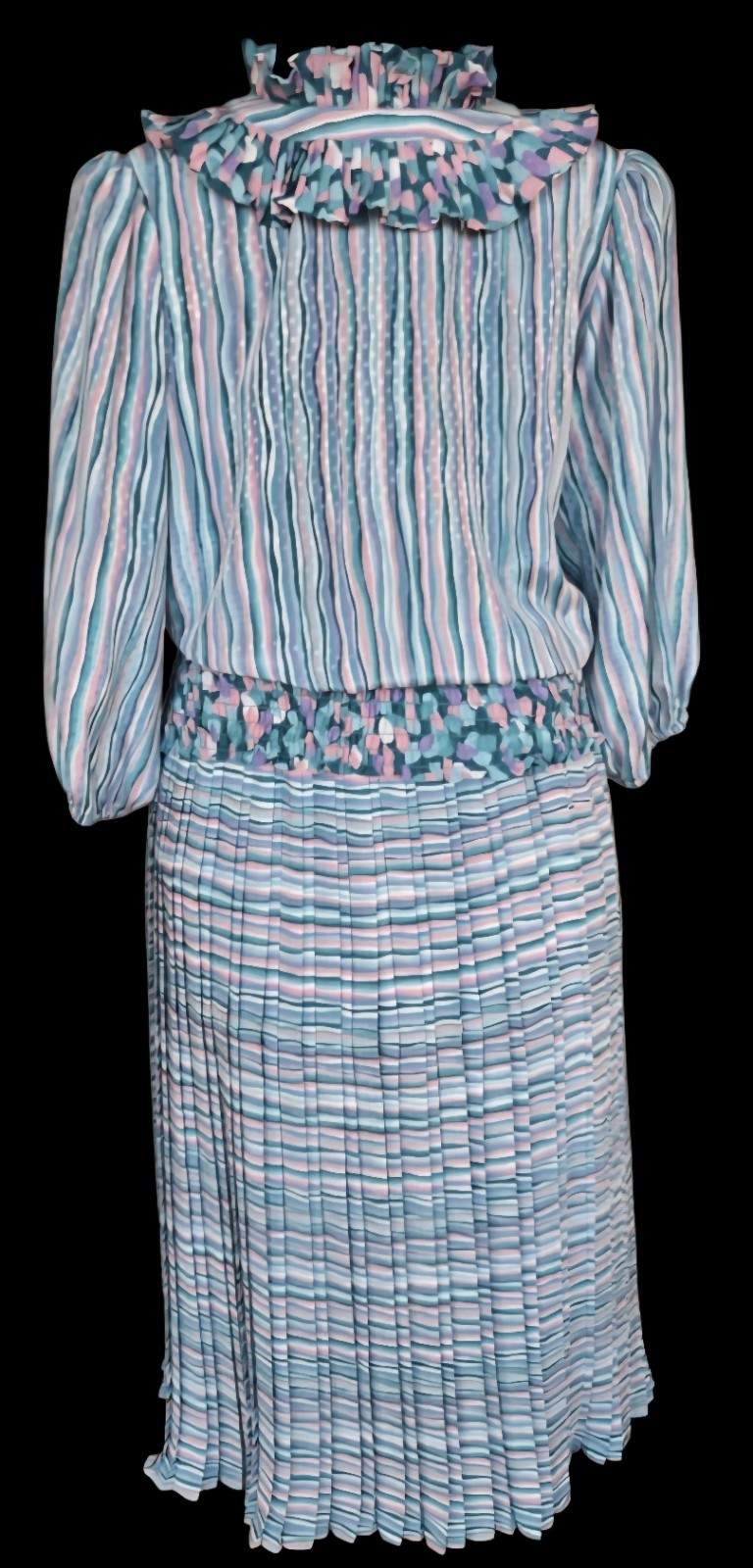 1980s SUSAN FREIS 2pc Smocked Ruffled Collar Blouse And Pleated Skirt Set Size S