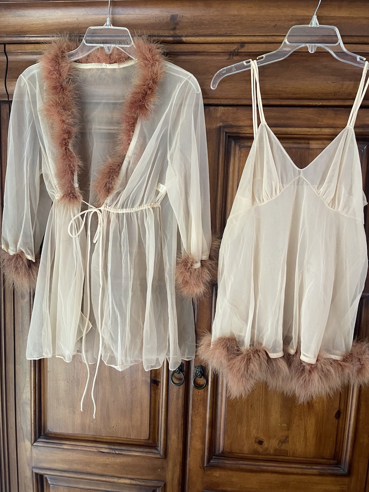 Vintage Evette Chiffon Peignoir Set Babydoll Feather 60’s Hollywood Boudoir M