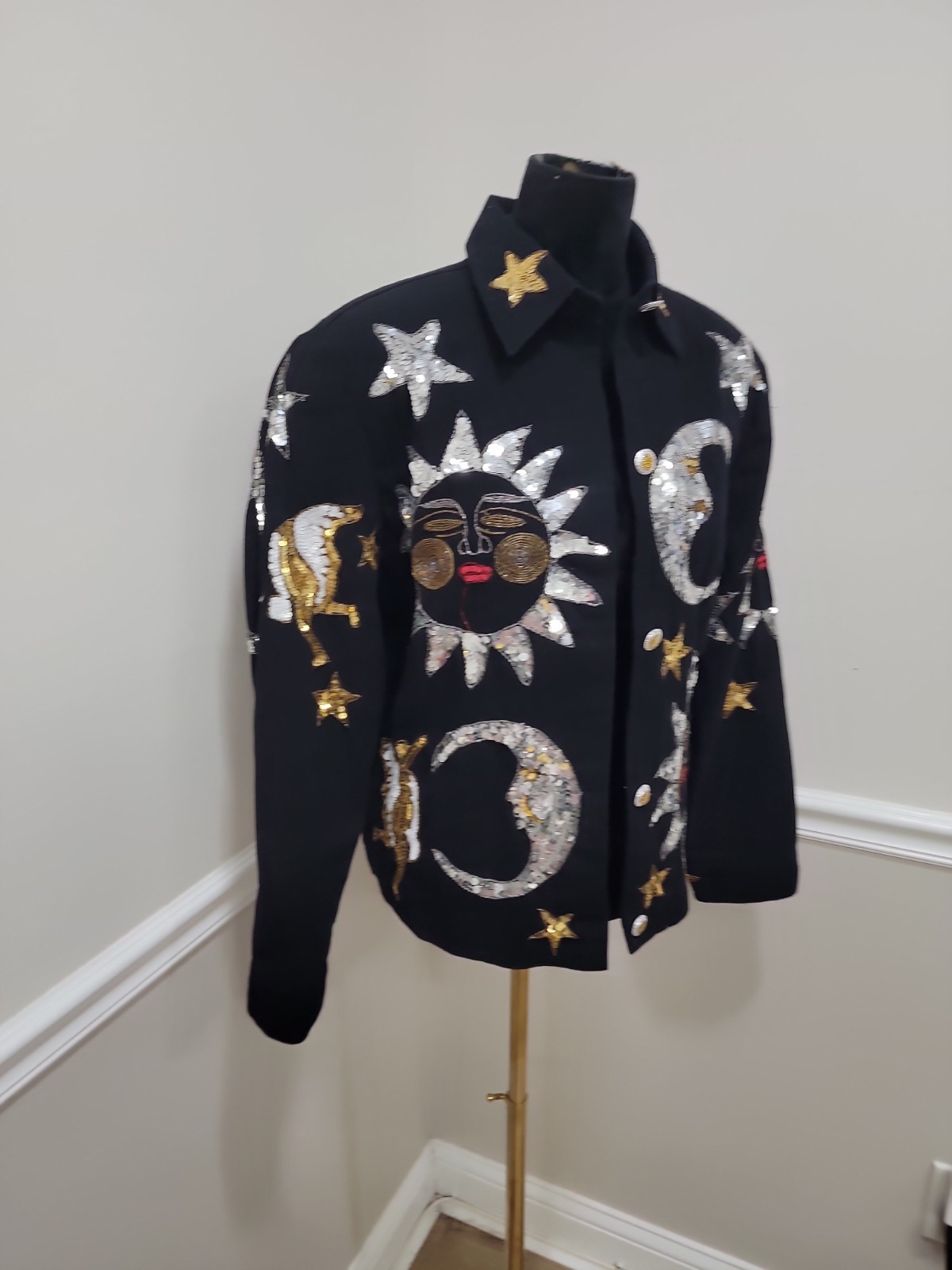 Vintage Modi Denim Celestial Sequin Jacket Sun, Planets Moons & Stars Size XL