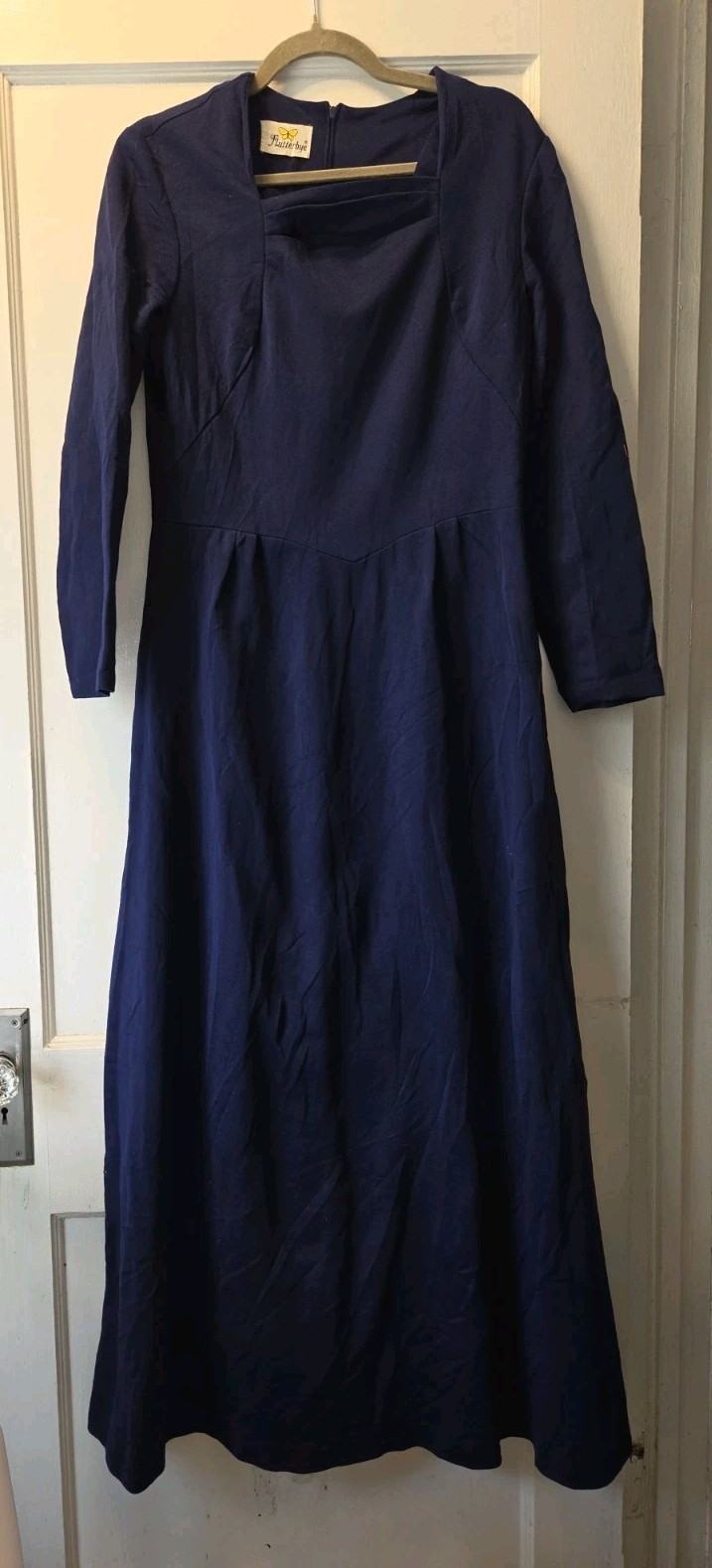 Vintage 70’s Flutterbye Navy Maxi Dress. Polyester. Medium