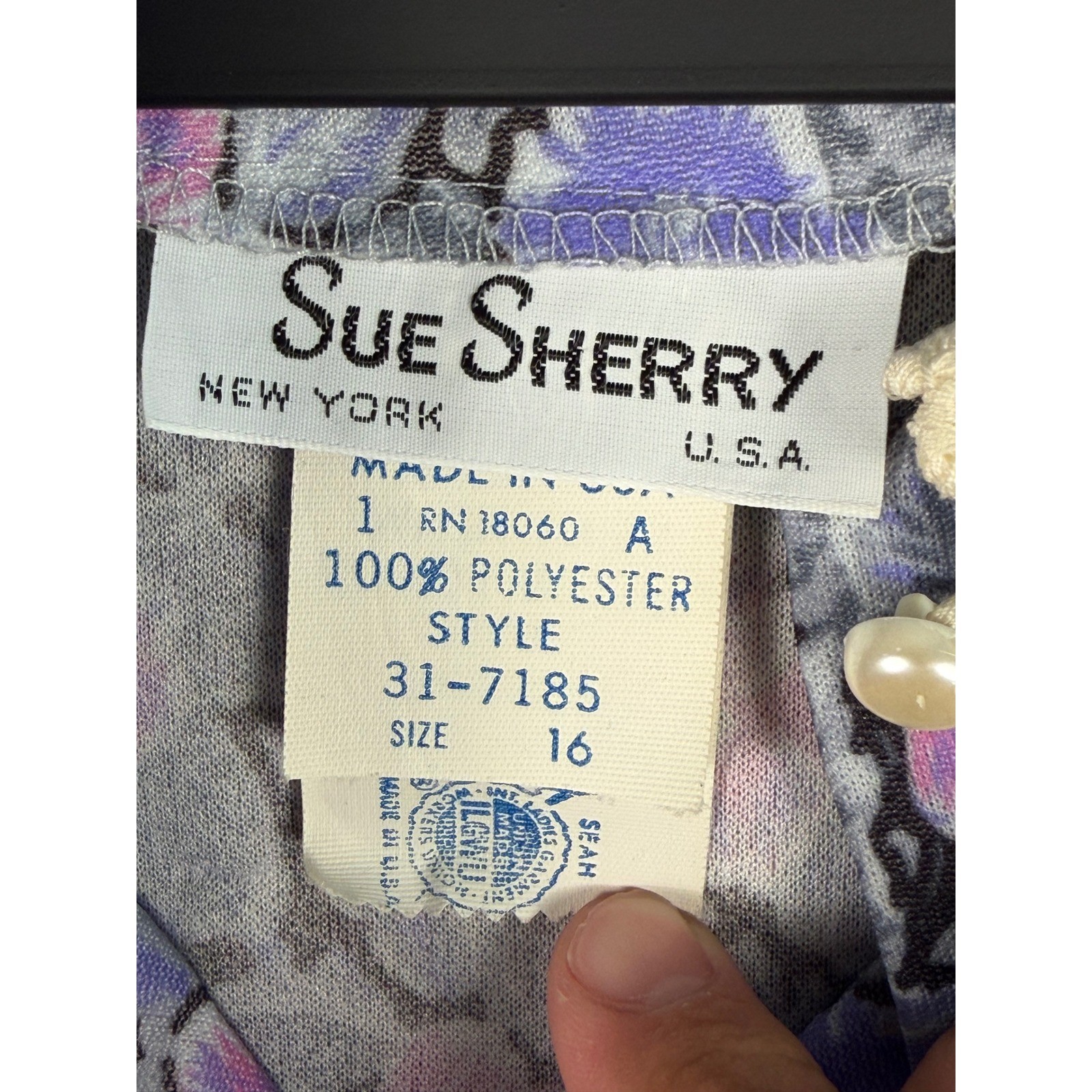 Vintage Sue Sherry 70s Union Made Belted Shoulder Pad Floral Lace Dress 16