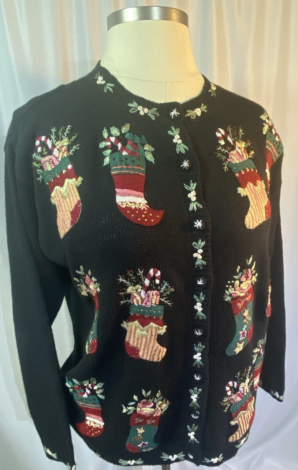 STITCHES IN TIME Christmas Stockings Cardigan Large Sweater Vintage L Black