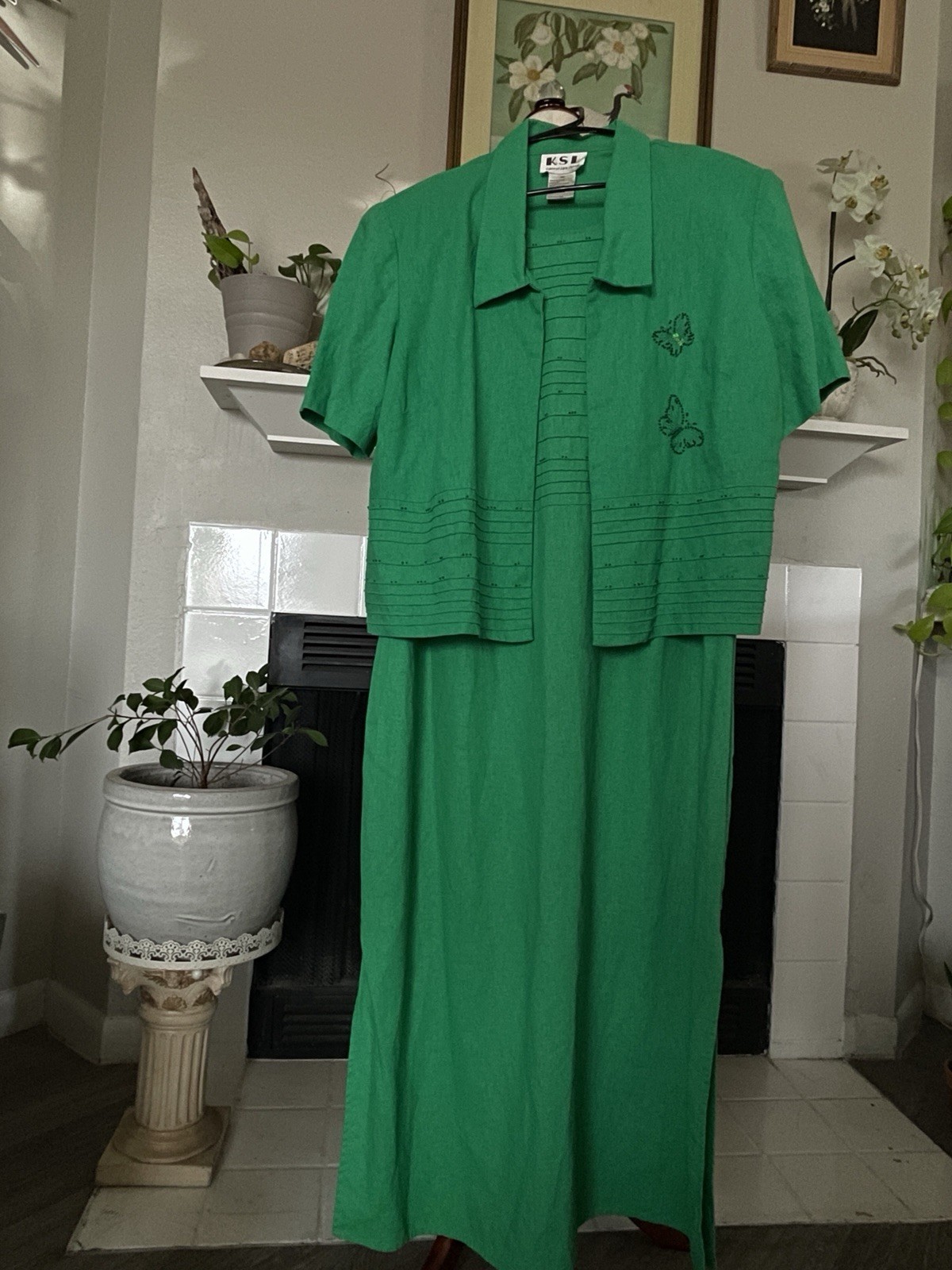 Vint 90s Maxi KSL Karen Stevens Emerald Green Linen Rayon 2Pc Dress Jacket 16W