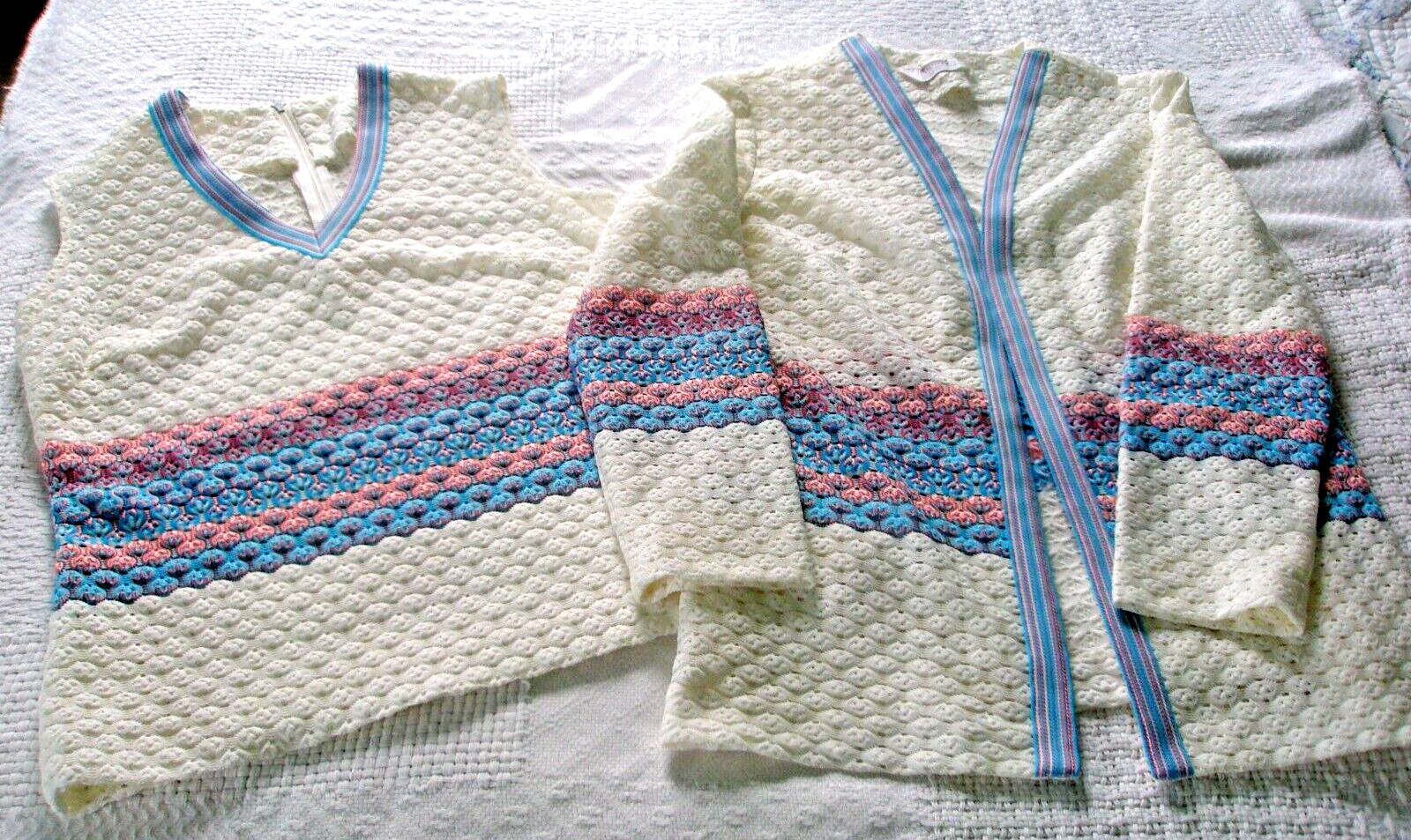 Vtg Cardigan & Vest Crochet Lace White Pink Blue Grannycore Mid Century