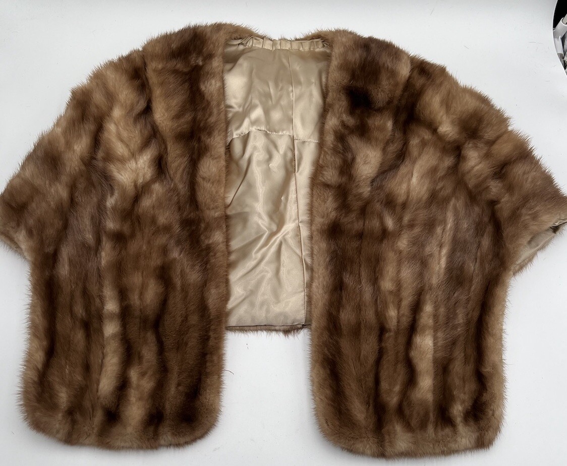 VTG Mink Fur Stole& Hat Shawl Collar Shoulder Wrap Brown O/S 60s 50s