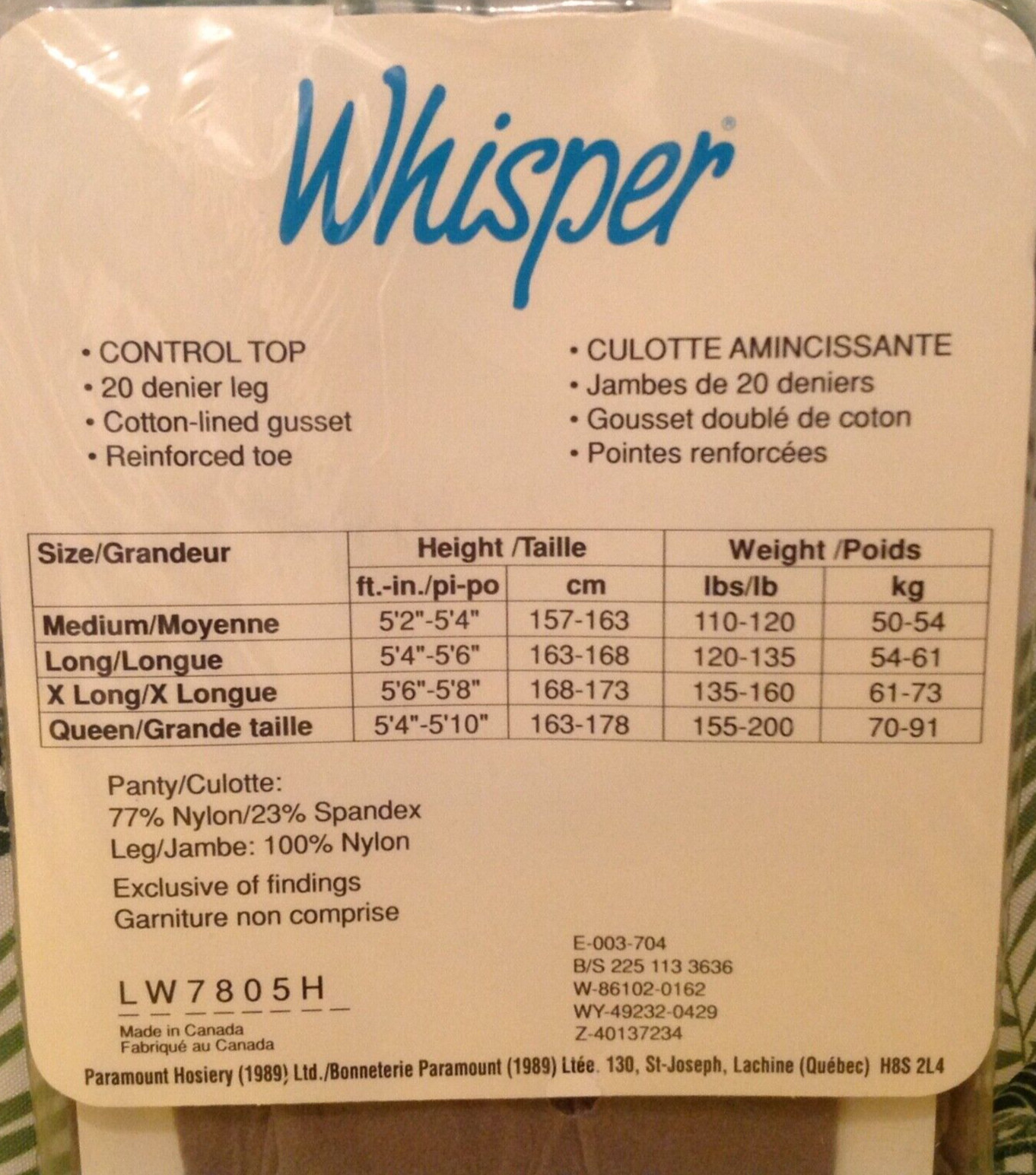 Vintage Pantyhose Whisper Control Top Color Tender Grey Size Extra Tall BWHIS056