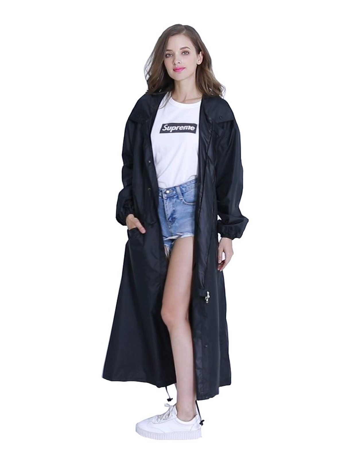Freesmily Women’s Stylish Long Raincoat with Hood and Multi Color Pattern Black