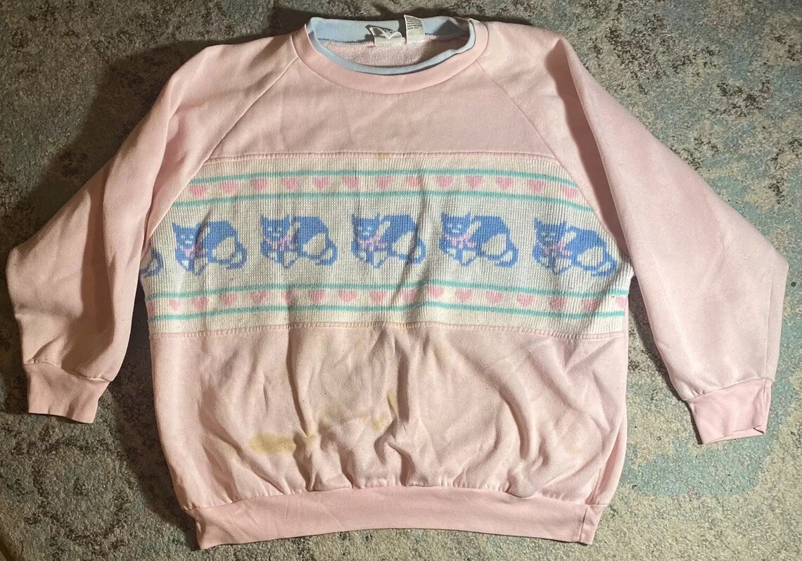 Vintage 90s Bramble Lane Pink Cat Kitten Hearts Grandma Ugly Sweatshirt Size 22W