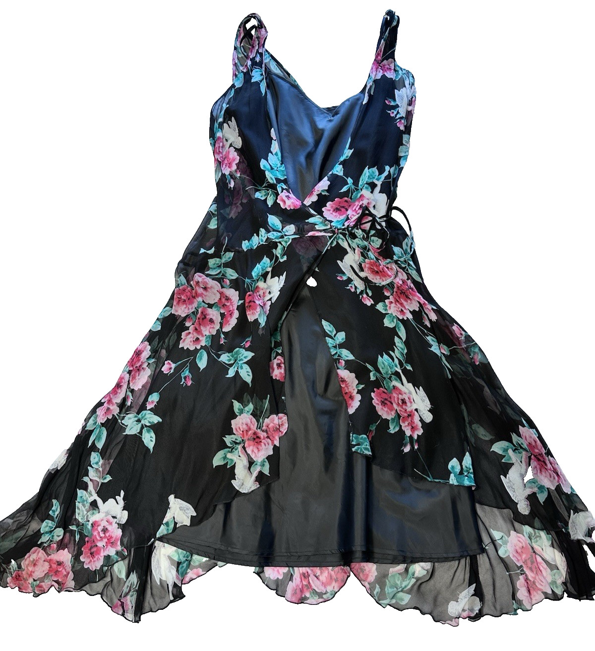 Vtg 90’s Tess Dress maxi Floral Print Silk shift slip boho fairy sheer size 16