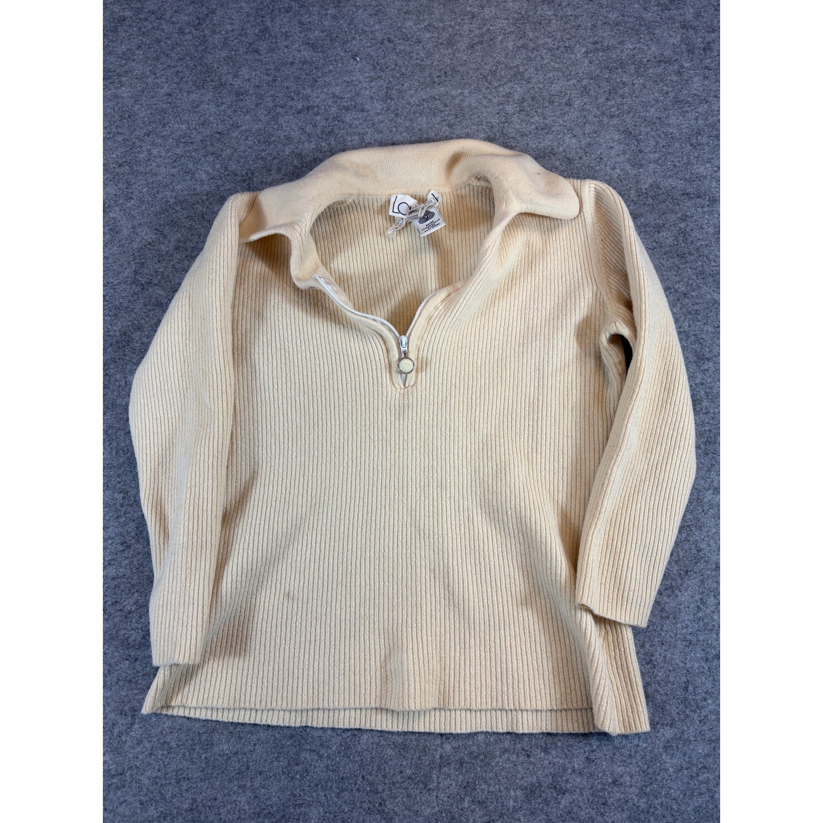 Vintage Laurel Wool Sweater Womens 34 Beige Cream 1/4 Zip Ribbed Pullover Knit