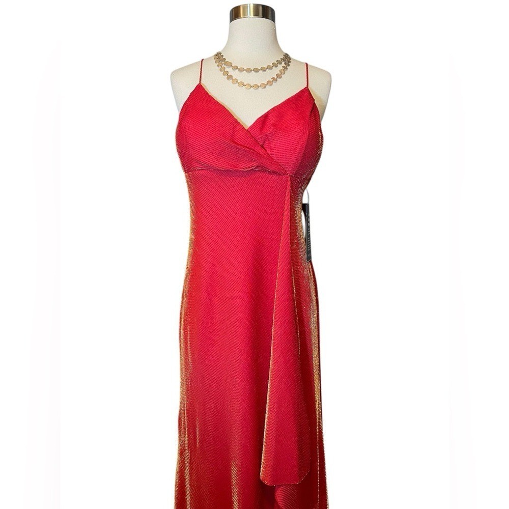 VTG 90s Betsey & Adams Red Gold Metallic Mesh Prom Gown Dress 12P NWT