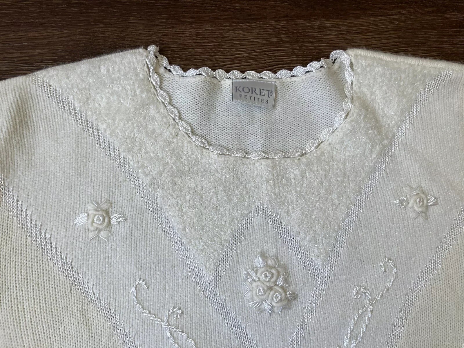 Vintage ’80s Koret Embellished Oversized Grandma Sweater Ivory Embroidery M/L