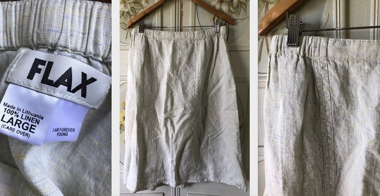 VTG FLAX ANGELHEART ENGLEHART 100% LINEN SKIRT POCKETS YELLOW BLUE ECRU L GUC
