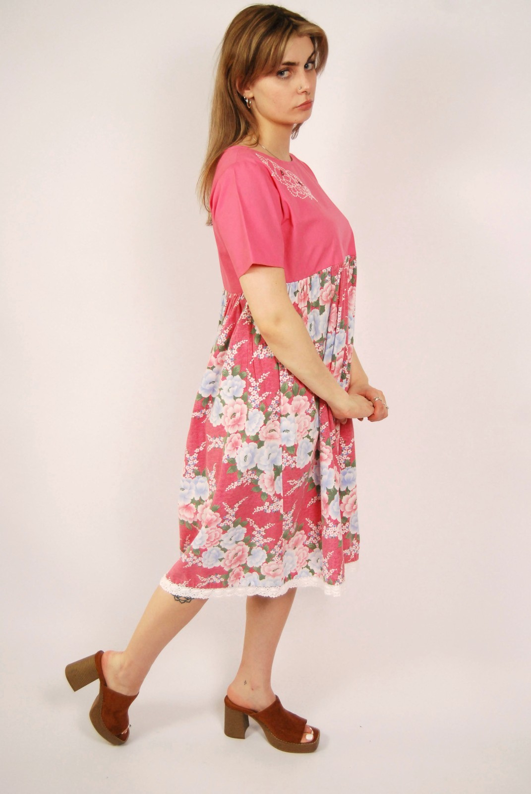 70s Babydoll Dress (2XL) pink vintage midi floral cottage retro rockabilly sweet