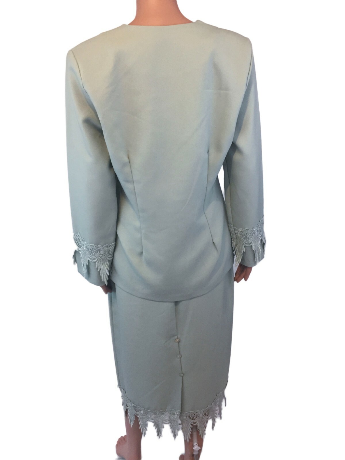 Vintage Mode Sara Light Green Blazer and Skirt Set w/ Floral Lace Trim Sz Large