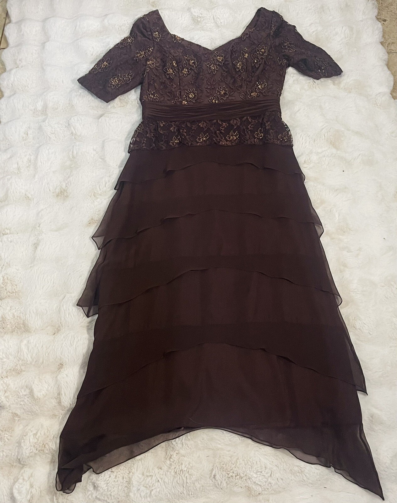 Camila Elbaz Vtg Mother Of The Bride Lace Sequin Ruffled Tier Spain Silk Dress