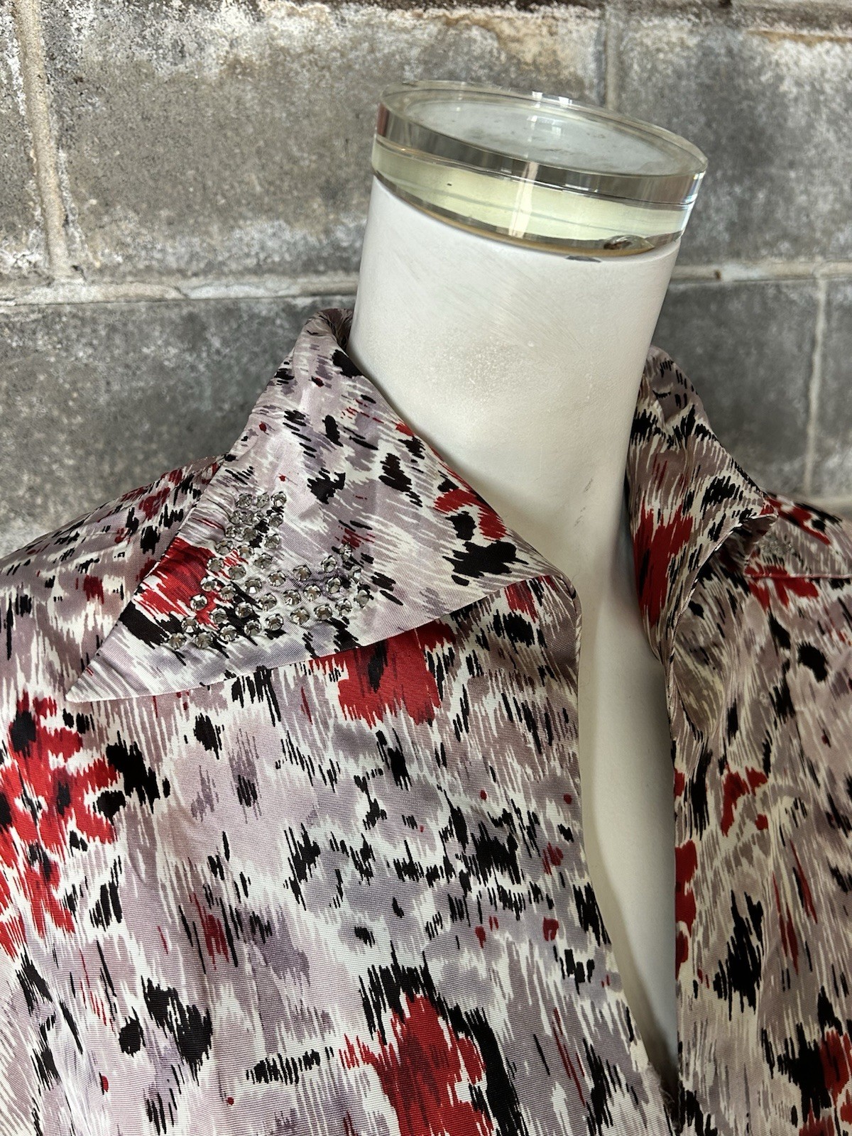 vtg 40s 50s abstract floral taffeta acetate cocktail collared Dress Rhinestones