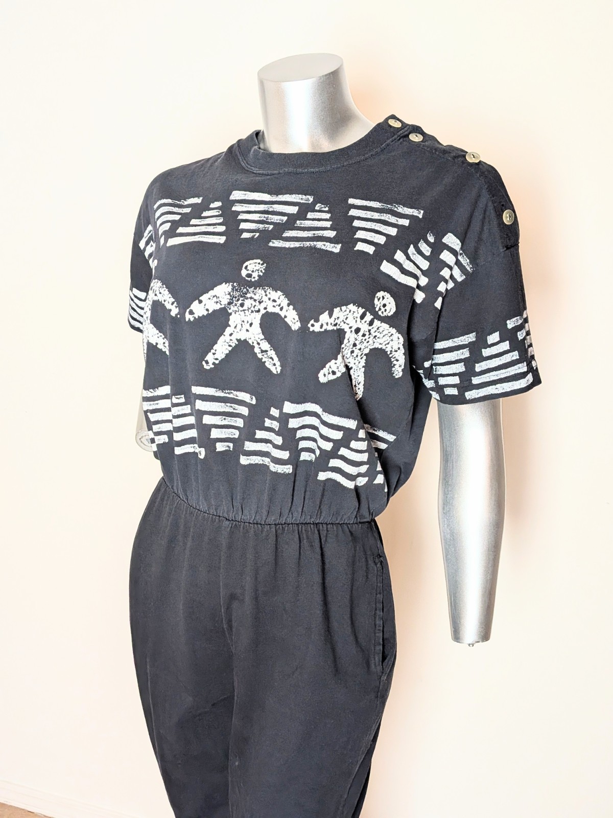 80s Vtg Inventions L.A. Express Printed Jumpsuit Black Art to Wear Abstract