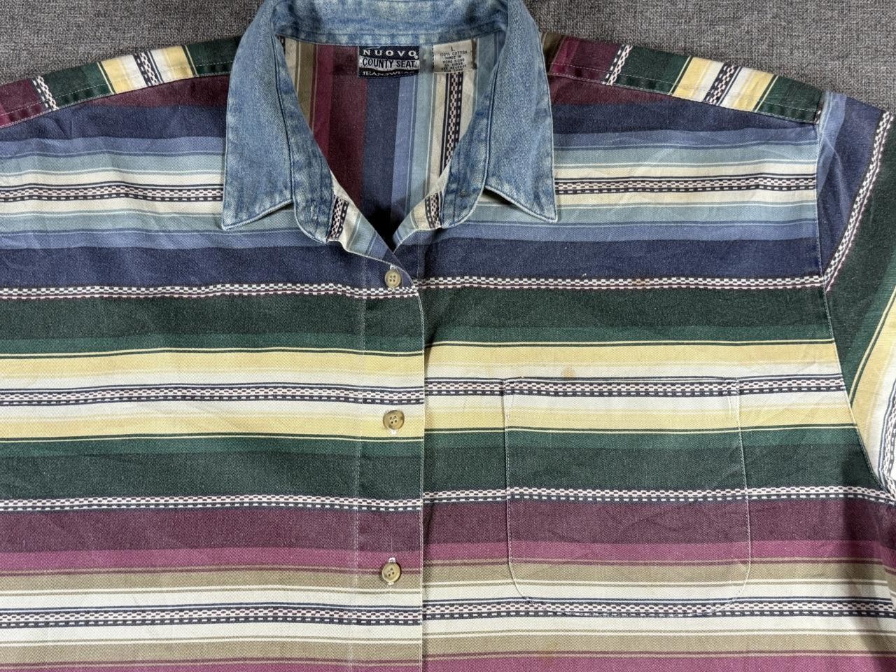 80’s-90’s VTG County Seat Nuovo Southwestern/Baja Stripe Denim Collar Shirt L
