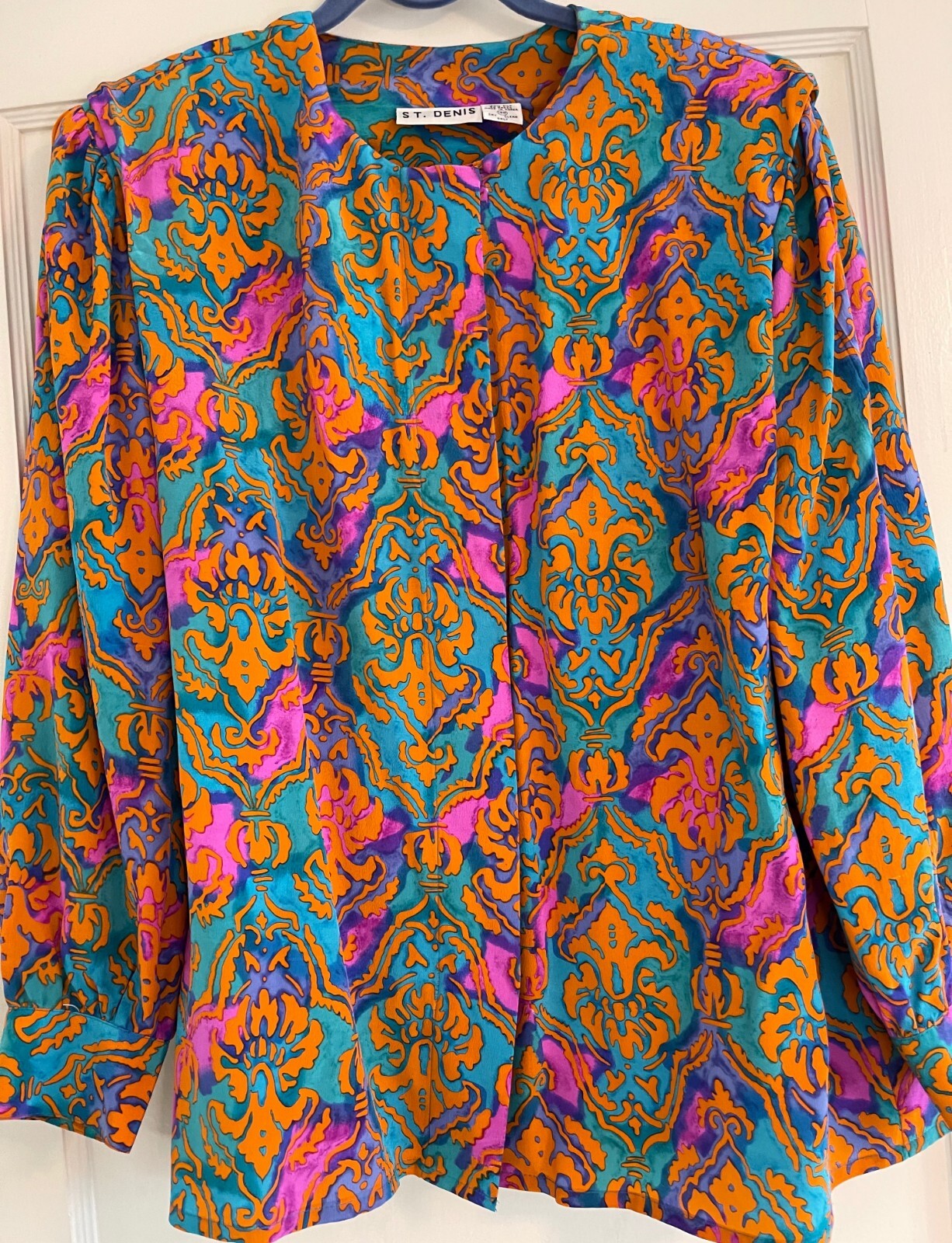 VINTAGE 80’S ST. DENIS, 16W, 100% SILK BLOUSE, TEAL ORANGE PINK PRINT, EUC