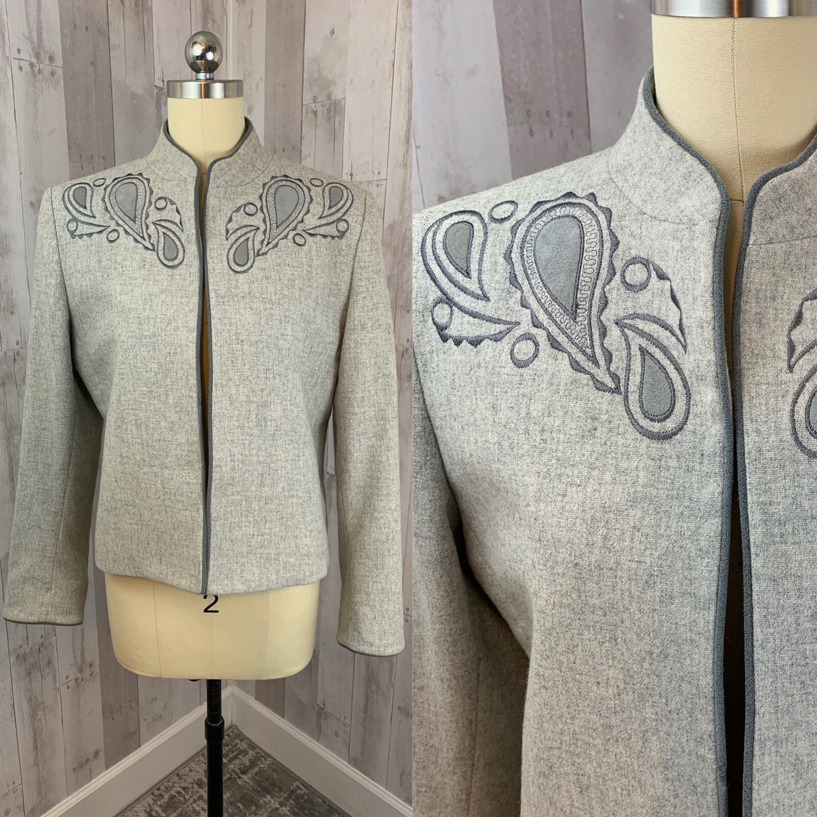 Vintage 1970s LILLI ANN Pale Gray Wool Jacket/Blazer/Coat Appliqué M/40Bust