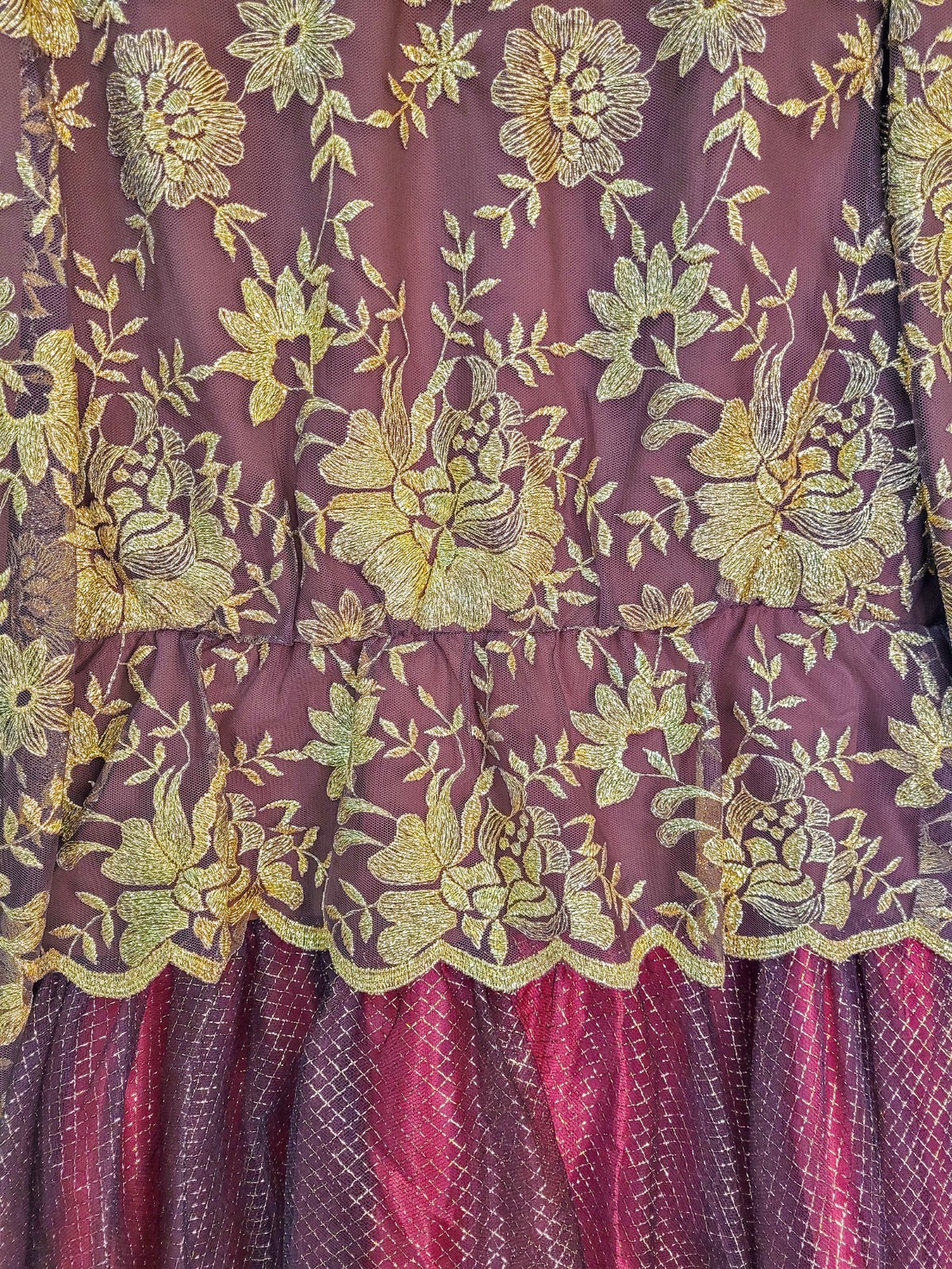 William Pearson Gold Floral Embroidered Tulle Midi Dress Sz 8 VTG 80s Couture