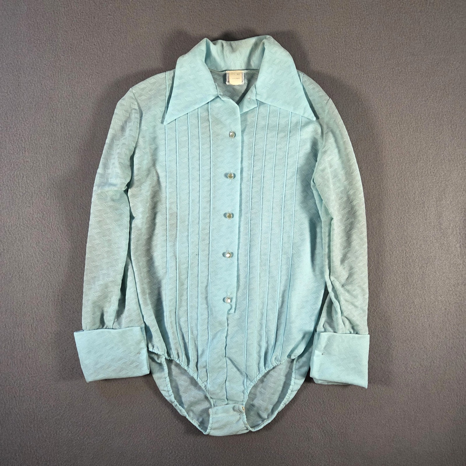 Vintage Aldens Fashions Top Womens Medium Blue Romper Pleated Long Sleeve