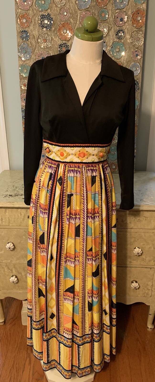 Vintage 60s Maxi Mod Coral Floral Black Top Beaded Hostess Dress-14 1/2 (S/M)