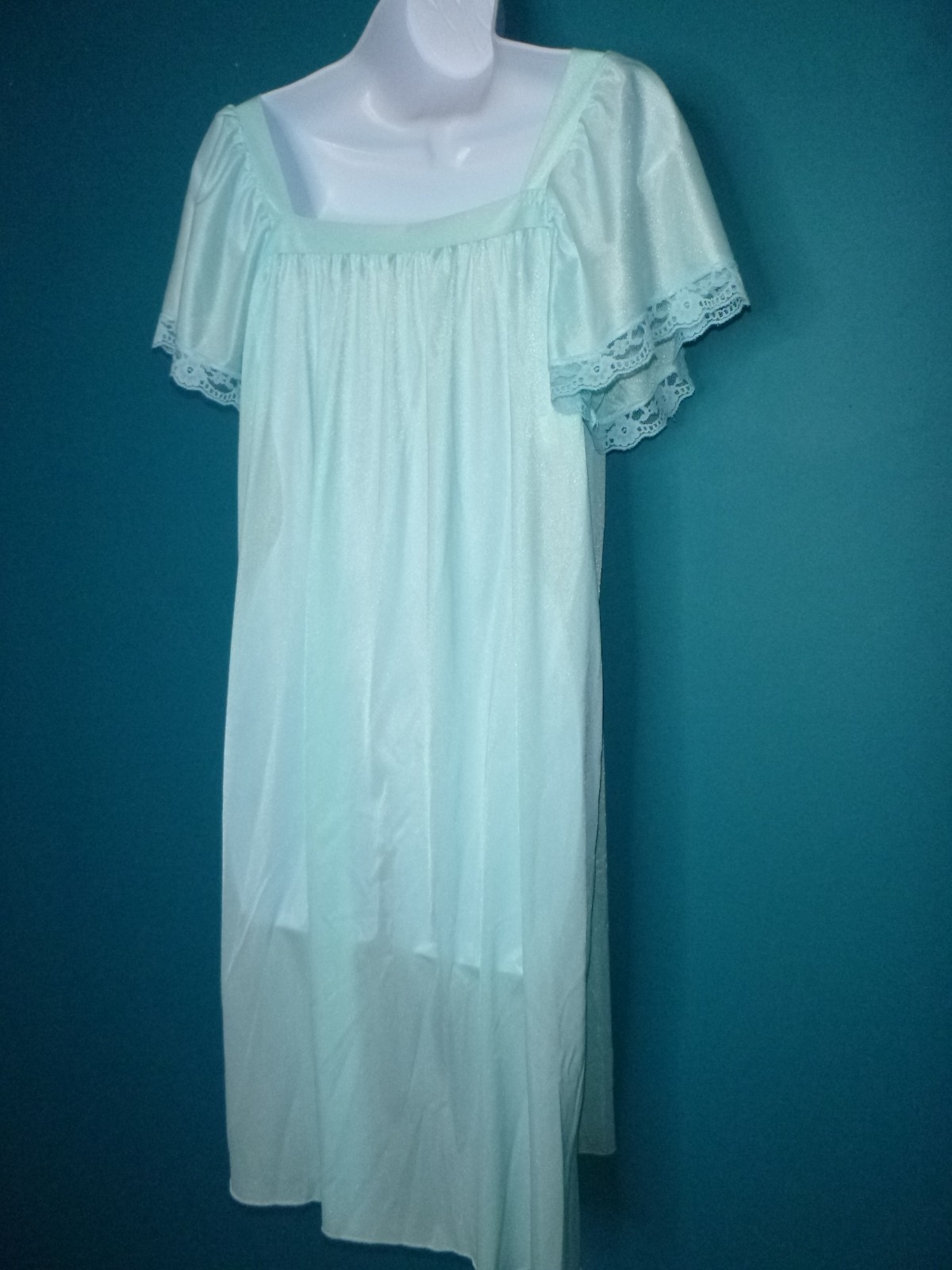Vtg 60s Glencraft Lingerie Nightgown Aqua Lace Trim Short Sleeve Sz M