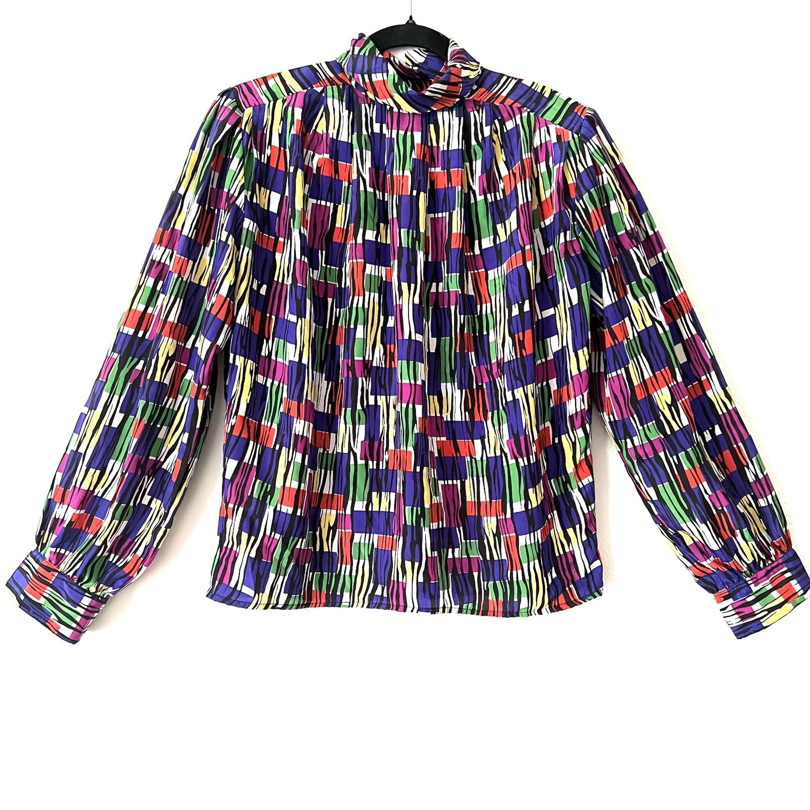 VTG 80s Anna Kriste Blouse Sz M/L High Neck Artsy Abstract Shoulder Pad USA Made