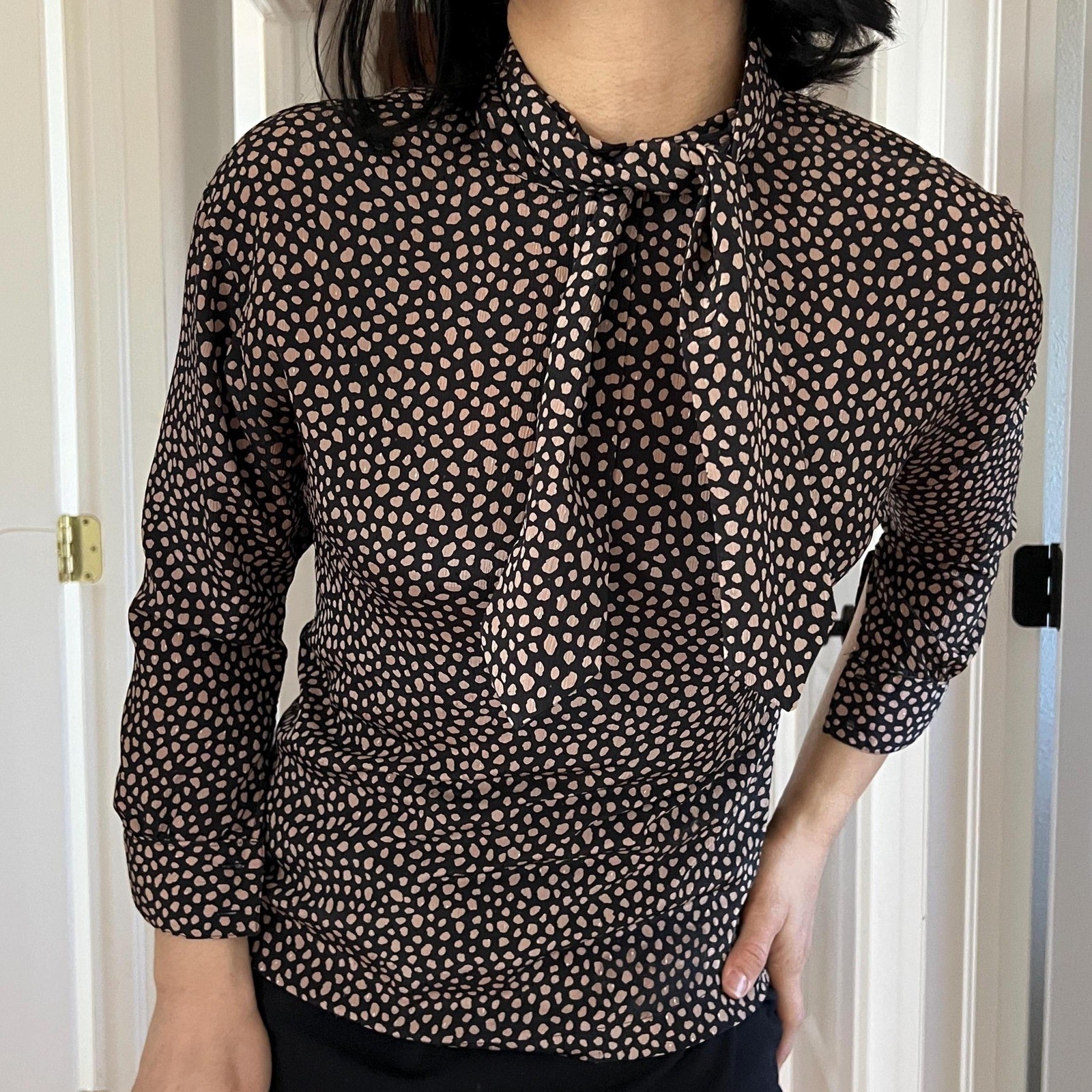 vtg 80s animal spot XS cravat button down blouse brown black neutrals